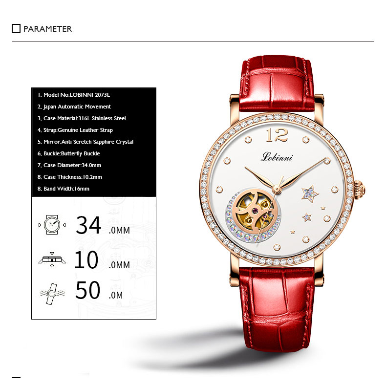 Lobinni relógios femininos de  - Skeleton Mechanical Watch avaliação e preço